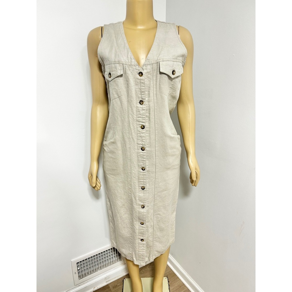 Beverly Hills Clothing Co Linen Blend Button Front Safari Midi Dress Beige Sz 8
